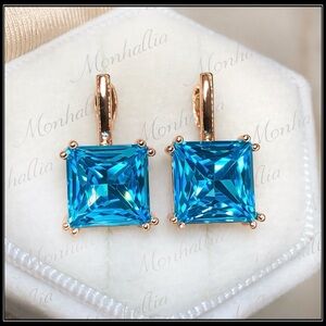 NEW 585 ROSE GOLD BLUE TOPAZ PRISM SQUARE CUT HOOK EARRINGS